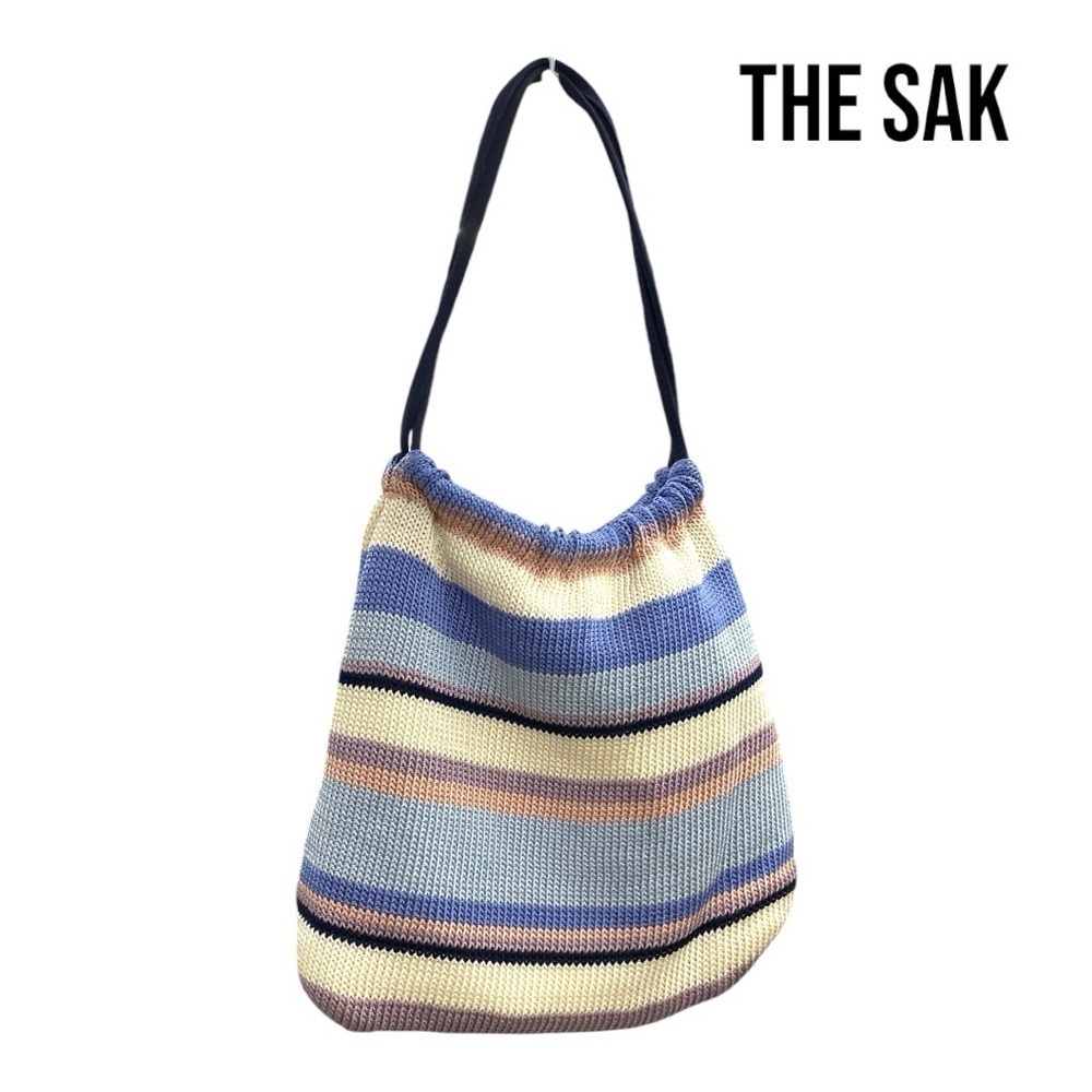 The SAK Lavender Purple Navy Pink Striped Knit Small Shoulder Bag Purse Bucket